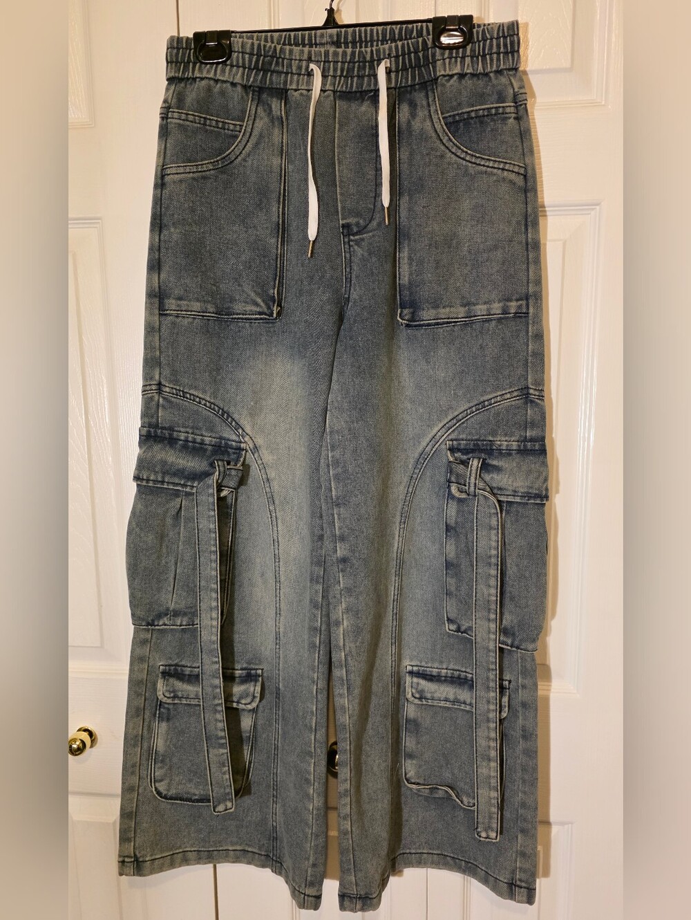 Curve Washed Drawstring Denim Cargo Pants Large